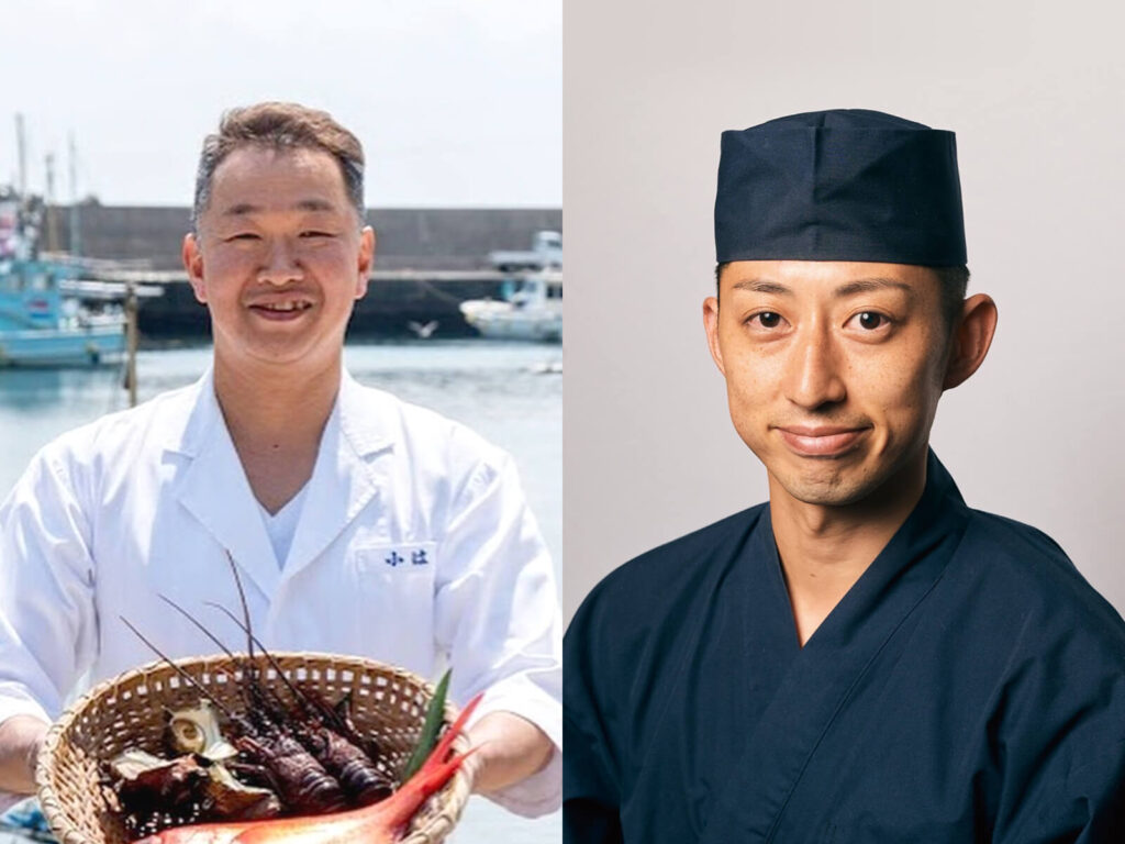 「割烹民宿 小はじ」主人の小川浩史と「美松寿司」四代目の植松隆二